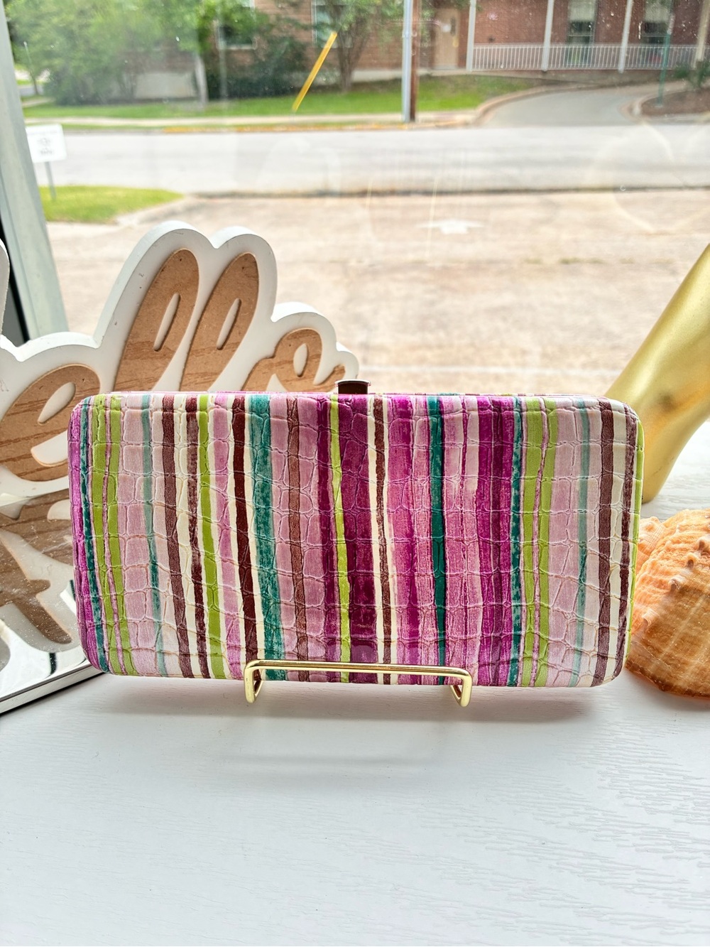 Striped Multicolor Zip-Around Wallet Clutch - Pink & Green